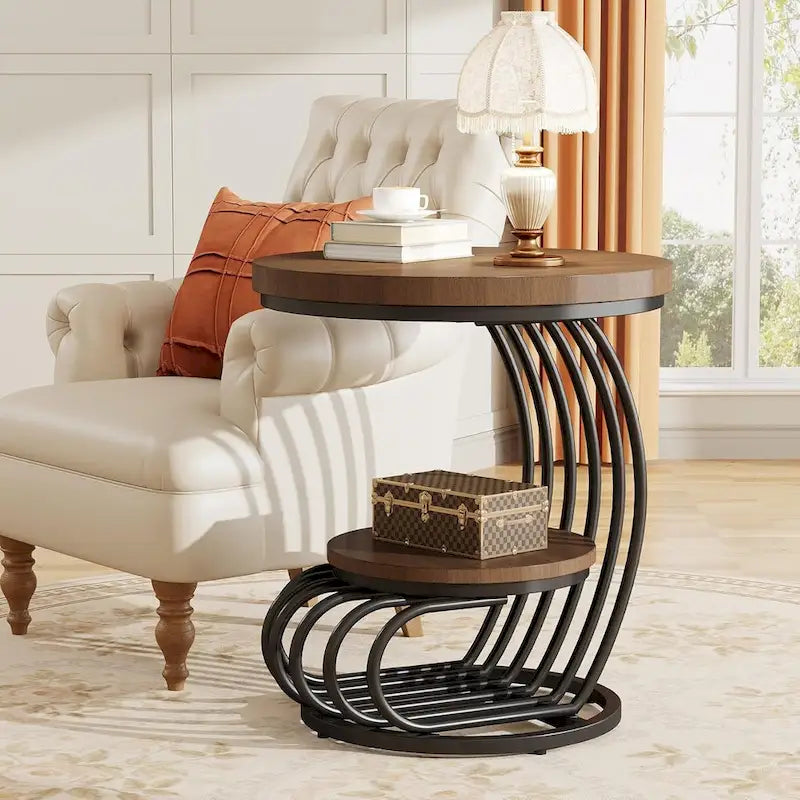 Table d'appoint ronde à 2 niveaux pour salon ou chambre à coucher