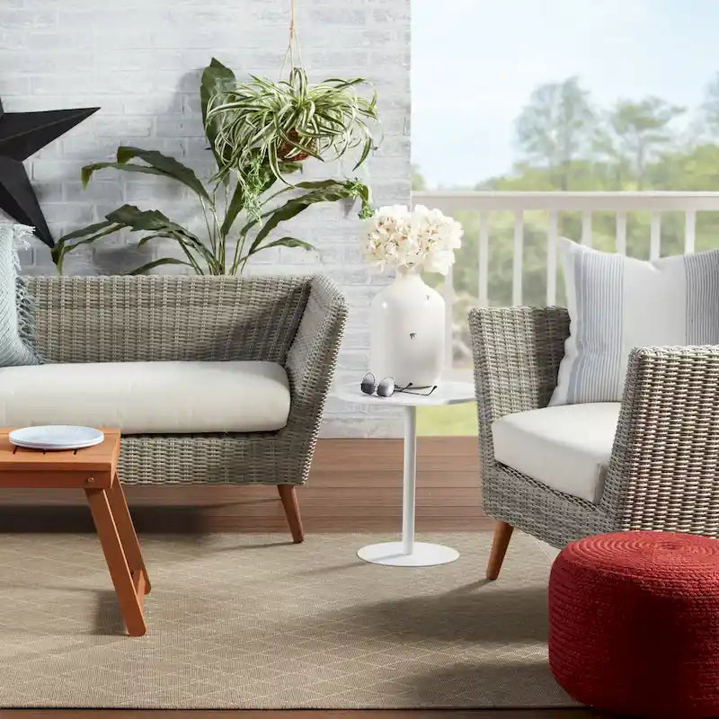 Pouf/Repose-pieds rond en polyester, intérieur/extérieur - 45 x 45 x 30 cm