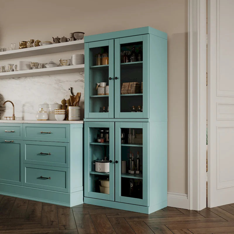 Garde-manger 100 % en bois massif avec portes givrées, vitrées transparentes ou pleines et étagères réglables