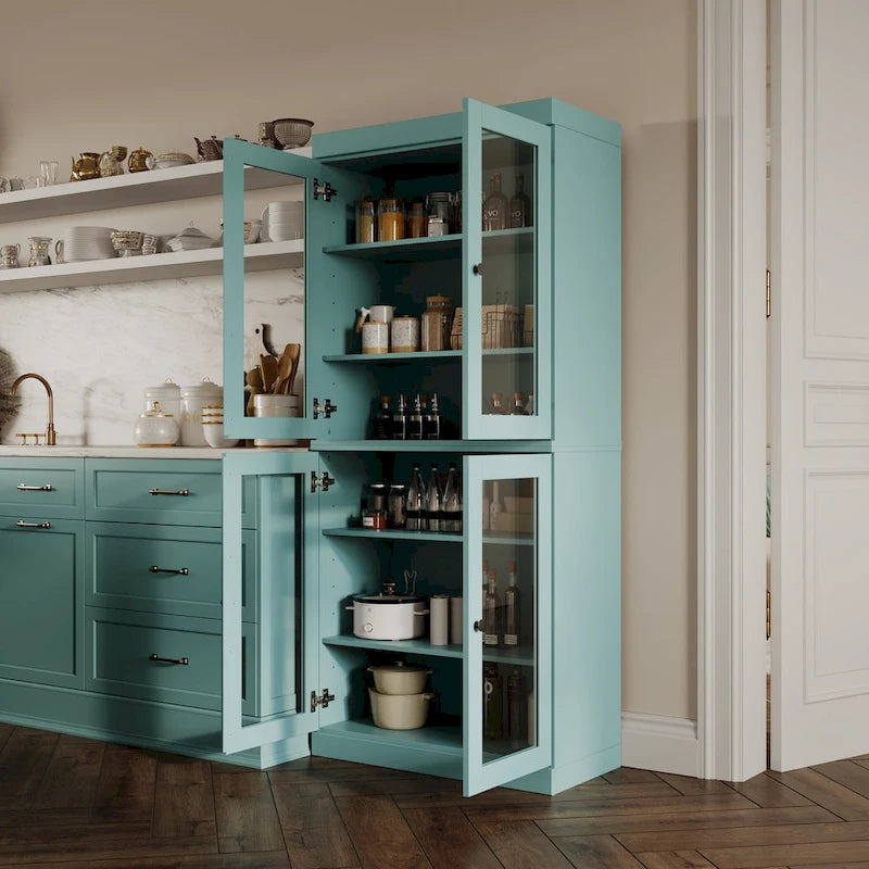 Garde-manger 100 % en bois massif avec portes givrées, vitrées transparentes ou pleines et étagères réglables