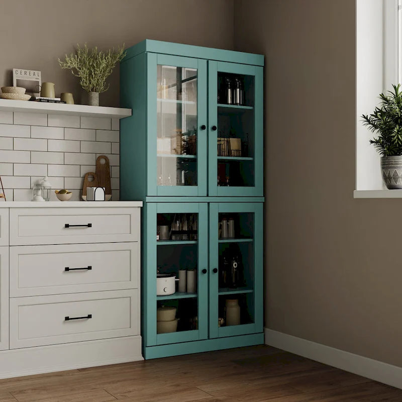 Garde-manger 100 % en bois massif avec portes givrées, vitrées transparentes ou pleines et étagères réglables