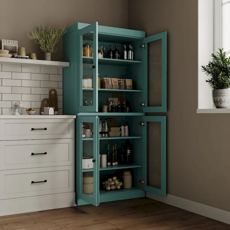 Garde-manger 100 % en bois massif avec portes givrées, vitrées transparentes ou pleines et étagères réglables