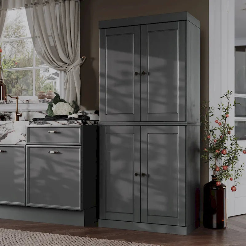 Garde-manger 100 % en bois massif avec portes givrées, vitrées transparentes ou pleines et étagères réglables