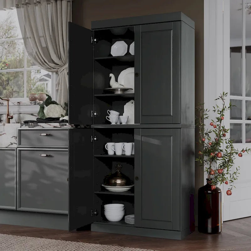 Garde-manger 100 % en bois massif avec portes givrées, vitrées transparentes ou pleines et étagères réglables
