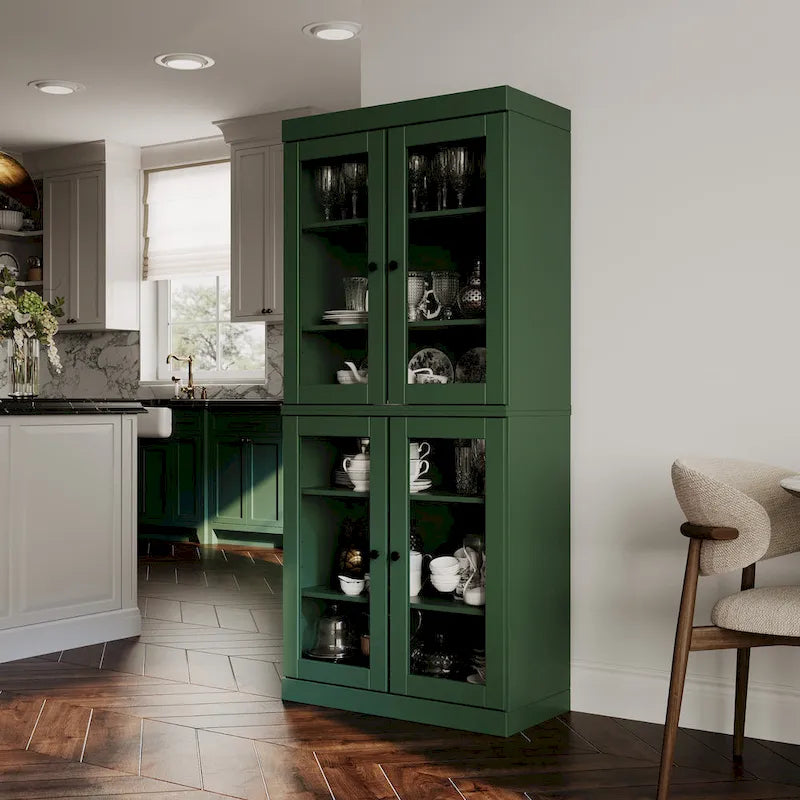 Garde-manger 100 % en bois massif avec portes givrées, vitrées transparentes ou pleines et étagères réglables