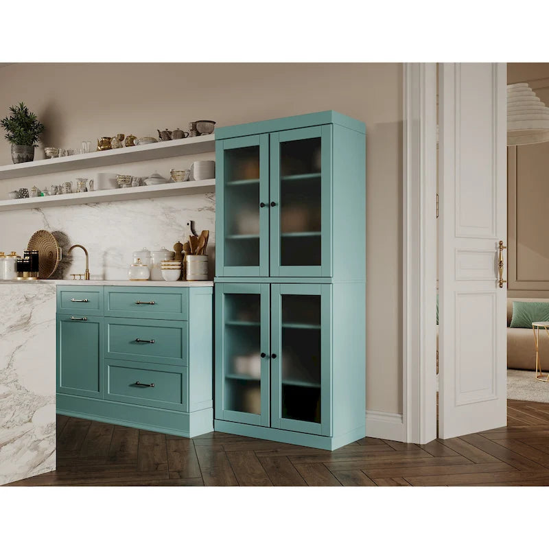 Garde-manger 100 % en bois massif avec portes givrées, vitrées transparentes ou pleines et étagères réglables