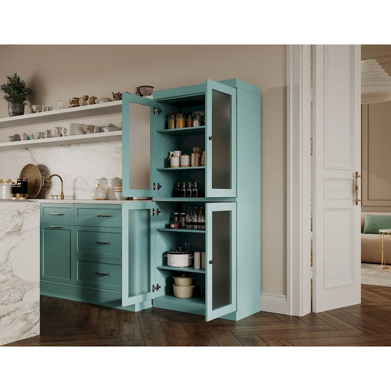 Garde-manger 100 % en bois massif avec portes givrées, vitrées transparentes ou pleines et étagères réglables