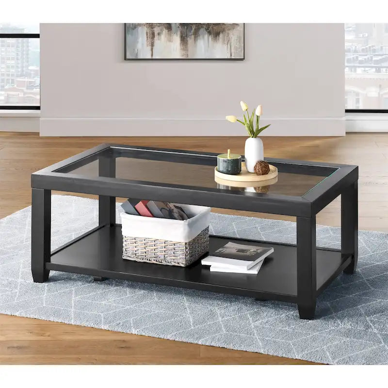 Table basse de 122 cm de large avec plateau en bois et verre et étagère de rangement