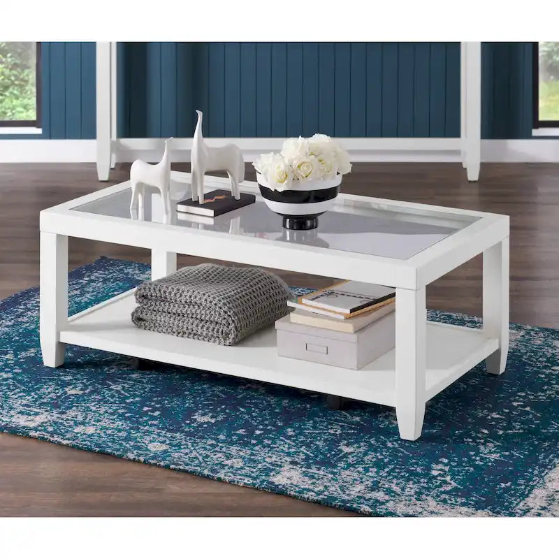 Table basse de 122 cm de large avec plateau en bois et verre et étagère de rangement