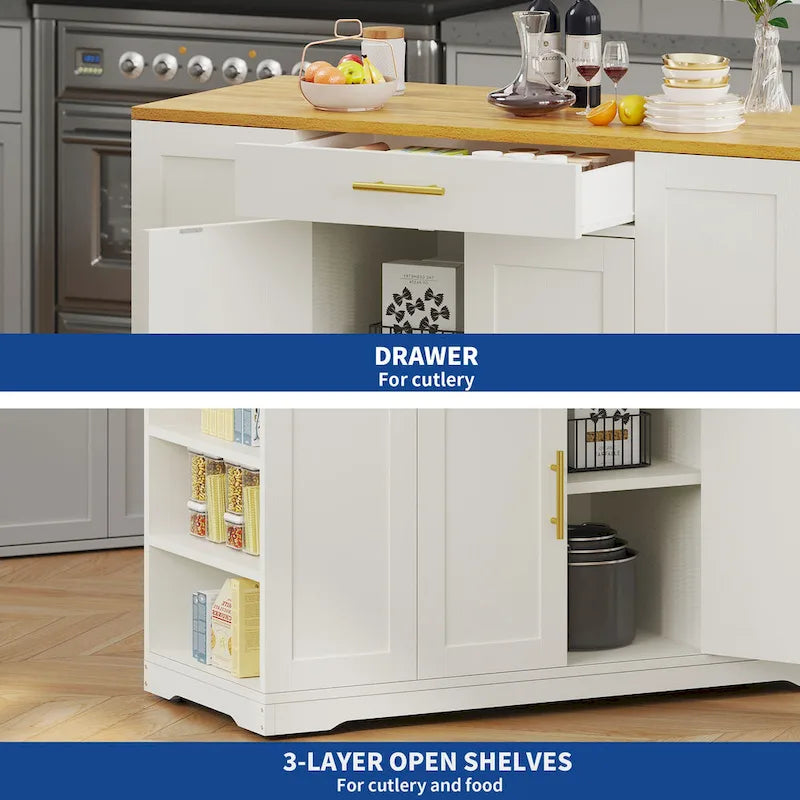 Meuble de Rangement pour Îlot de Cuisine Roulant de 53 Pouces Chariot de Cuisine Mobile Portable
