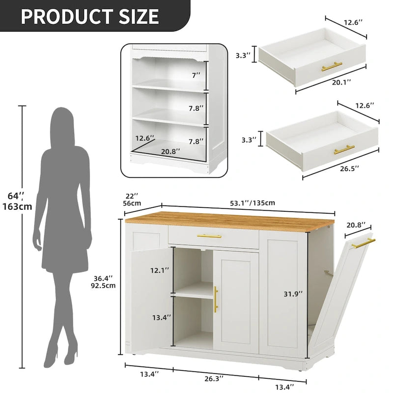 Meuble de Rangement pour Îlot de Cuisine Roulant de 53 Pouces Chariot de Cuisine Mobile Portable