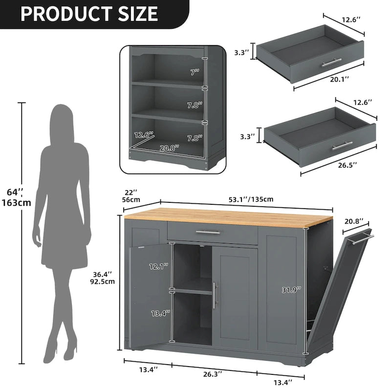 Meuble de Rangement pour Îlot de Cuisine Roulant de 53 Pouces Chariot de Cuisine Mobile Portable