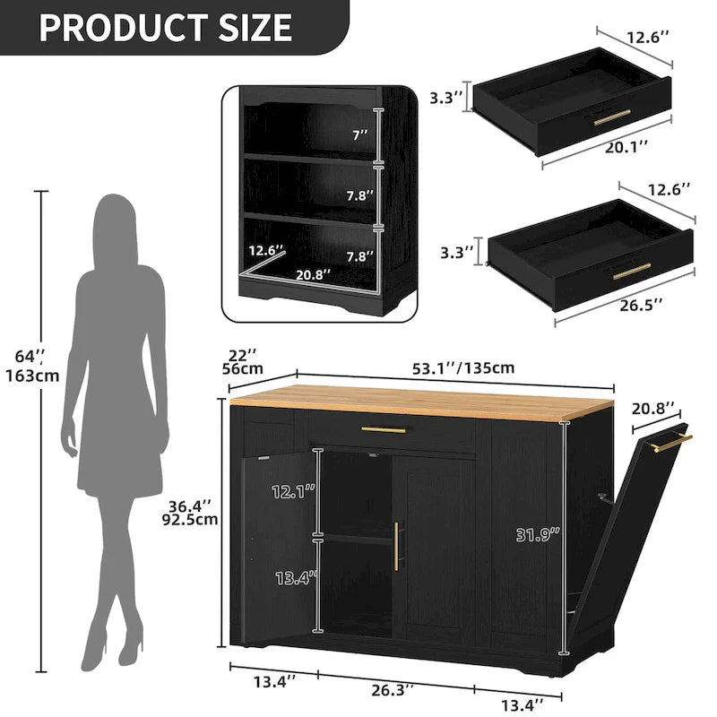 Meuble de Rangement pour Îlot de Cuisine Roulant de 53 Pouces Chariot de Cuisine Mobile Portable