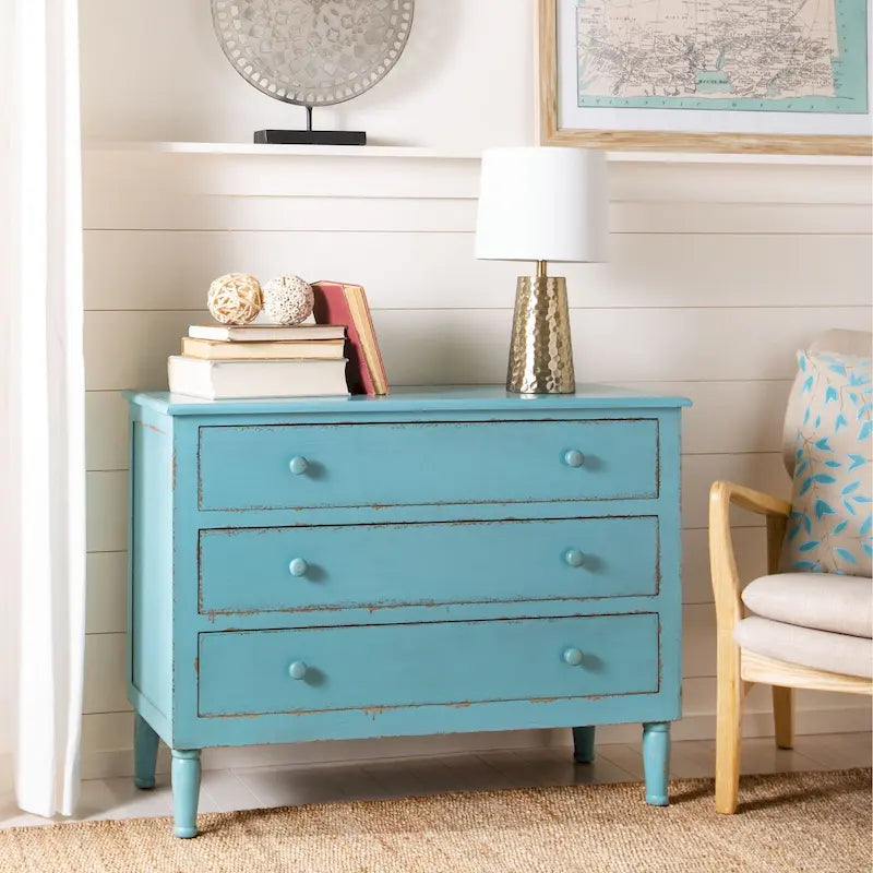 Commode de rangement à 3 tiroirs bleu vieilli