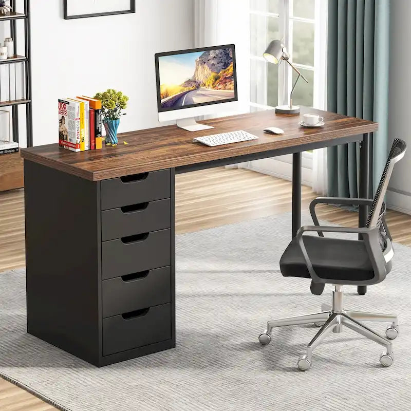 Bureau informatique de 47 pouces avec 5 tiroirs, en bois et métal, pour bureau ou salon