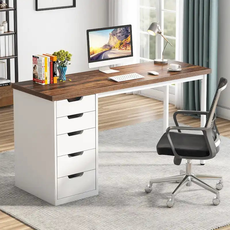 Bureau informatique de 47 pouces avec 5 tiroirs, en bois et métal, pour bureau ou salon