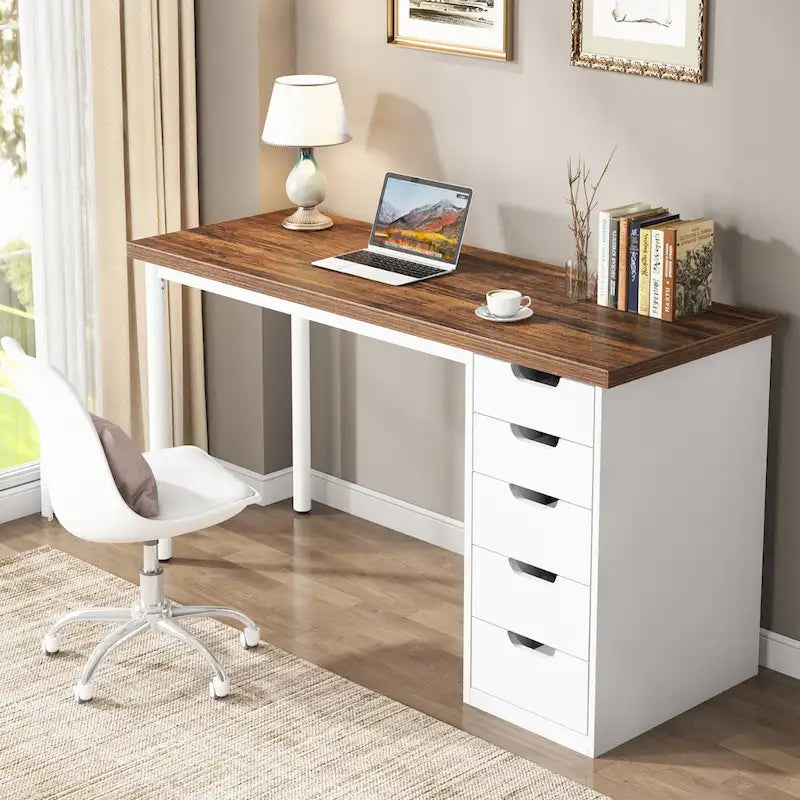 47-inch Computer Desk with 5-drawer, Wood and Metal Writing Desk for Study Living Room