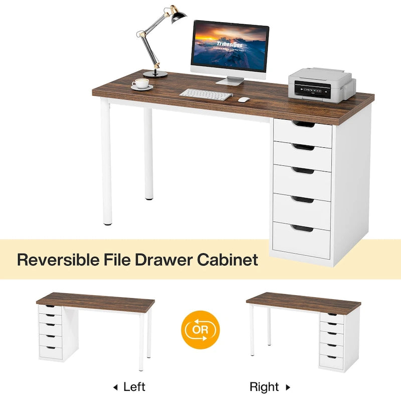 Bureau informatique de 47 pouces avec 5 tiroirs, en bois et métal, pour bureau ou salon