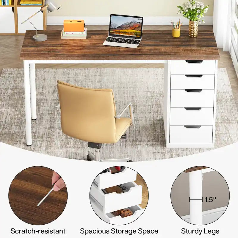 Bureau informatique de 47 pouces avec 5 tiroirs, en bois et métal, pour bureau ou salon