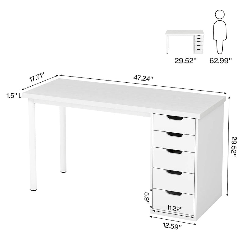 Bureau informatique de 47 pouces avec 5 tiroirs, en bois et métal, pour bureau ou salon