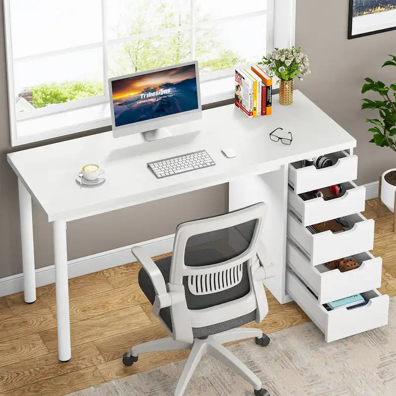 Bureau informatique de 47 pouces avec 5 tiroirs, en bois et métal, pour bureau ou salon