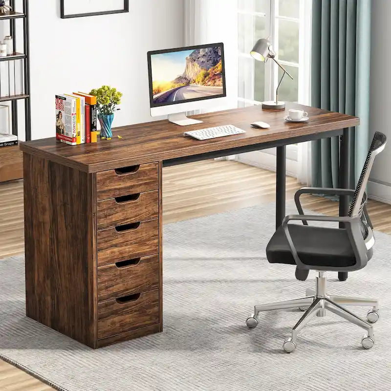 Bureau informatique de 47 pouces avec 5 tiroirs, en bois et métal, pour bureau ou salon