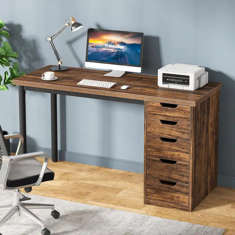 Bureau informatique de 47 pouces avec 5 tiroirs, en bois et métal, pour bureau ou salon