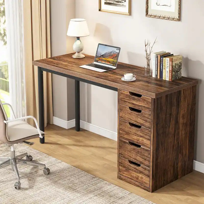 Bureau informatique de 47 pouces avec 5 tiroirs, en bois et métal, pour bureau ou salon
