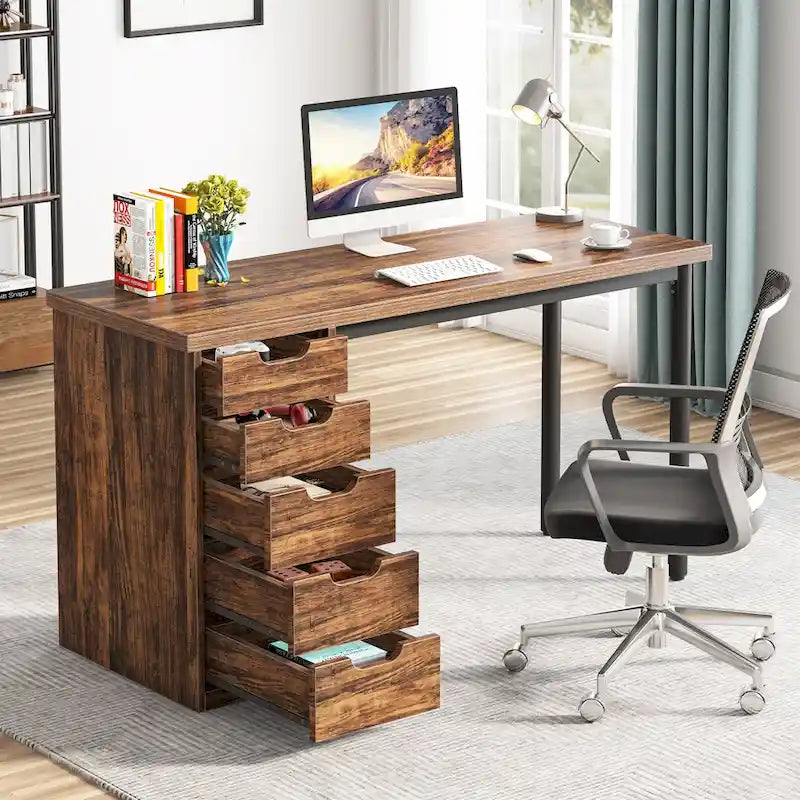 Bureau informatique de 47 pouces avec 5 tiroirs, en bois et métal, pour bureau ou salon