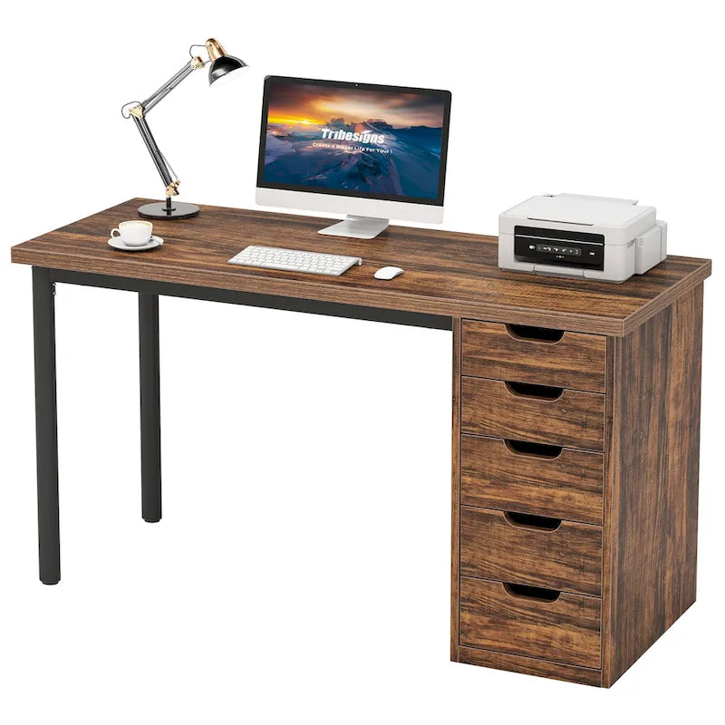 Bureau informatique de 47 pouces avec 5 tiroirs, en bois et métal, pour bureau ou salon