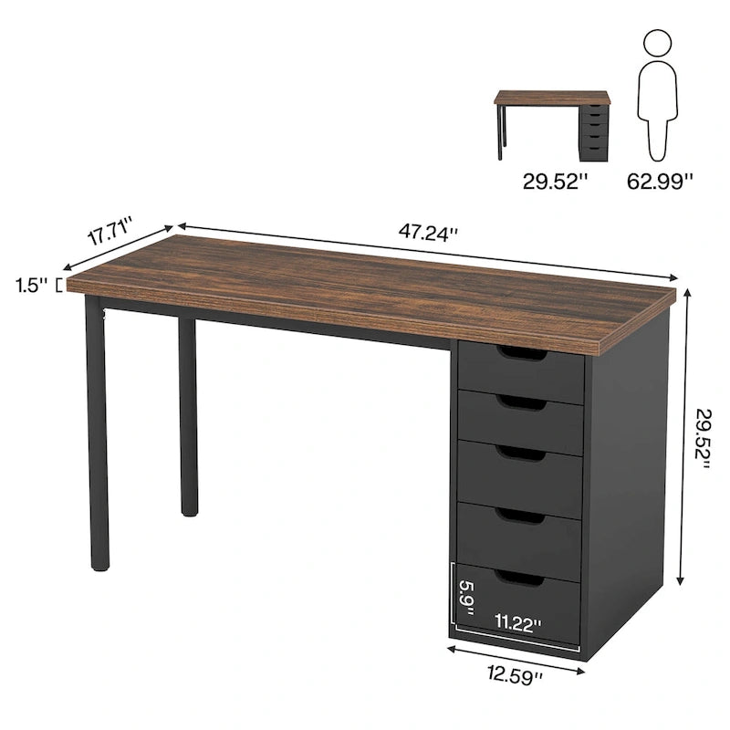 Bureau informatique de 47 pouces avec 5 tiroirs, en bois et métal, pour bureau ou salon