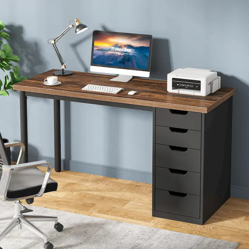 Bureau informatique de 47 pouces avec 5 tiroirs, en bois et métal, pour bureau ou salon