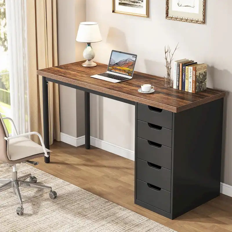 Bureau informatique de 47 pouces avec 5 tiroirs, en bois et métal, pour bureau ou salon