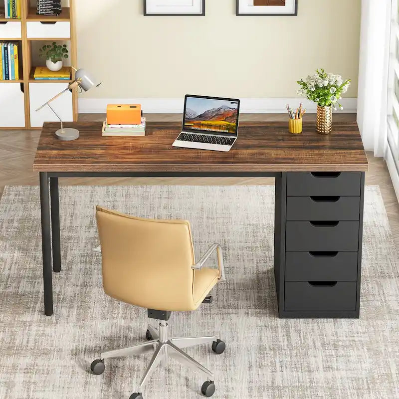 Bureau informatique de 47 pouces avec 5 tiroirs, en bois et métal, pour bureau ou salon