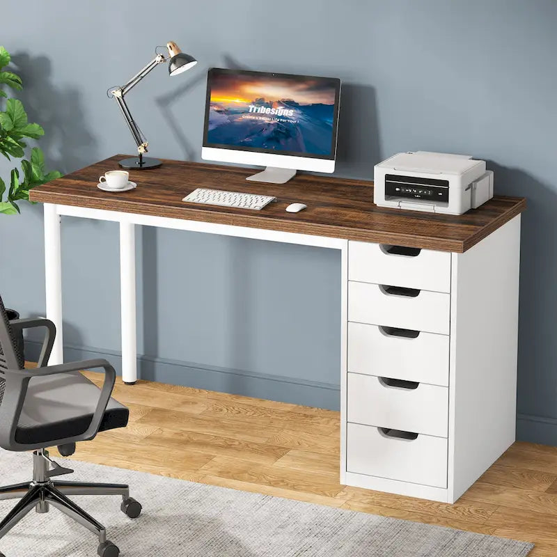 Bureau informatique de 47 pouces avec 5 tiroirs, en bois et métal, pour bureau ou salon