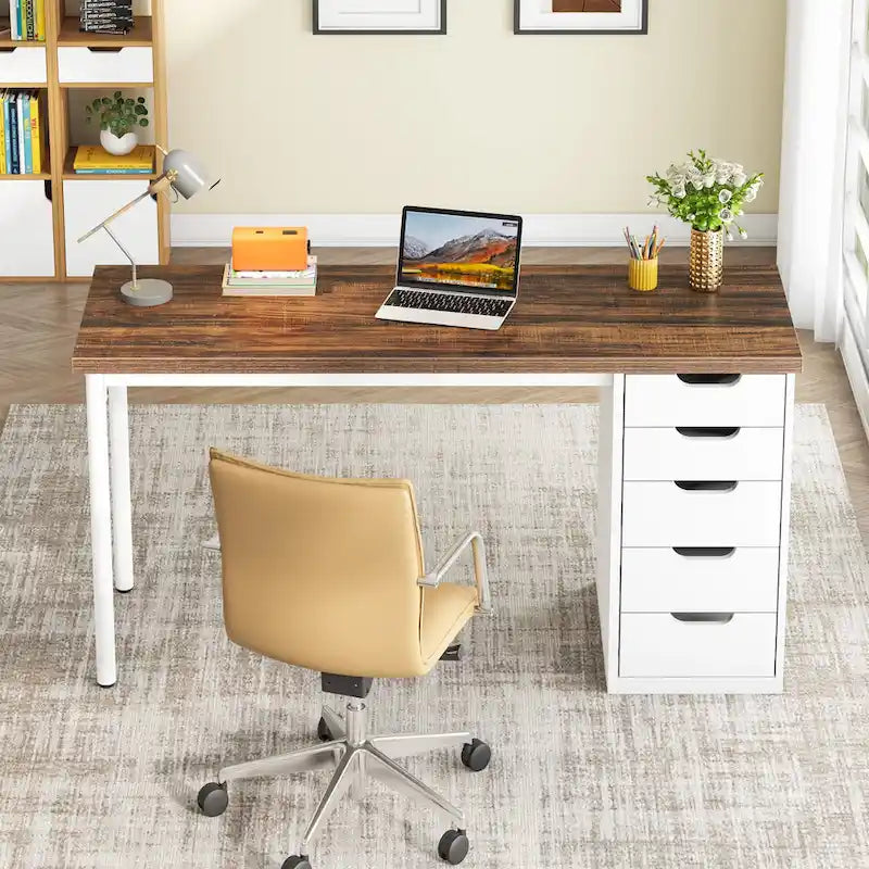 Bureau informatique de 47 pouces avec 5 tiroirs, en bois et métal, pour bureau ou salon