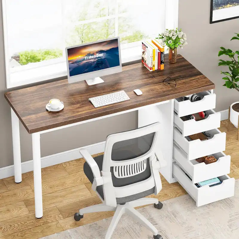 Bureau informatique de 47 pouces avec 5 tiroirs, en bois et métal, pour bureau ou salon
