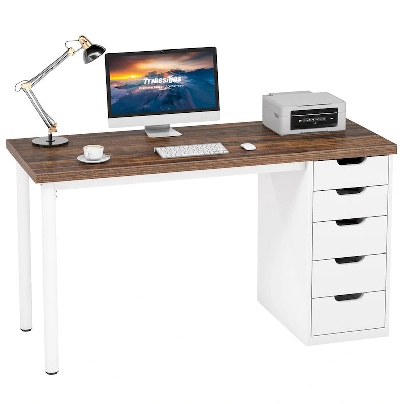Bureau informatique de 47 pouces avec 5 tiroirs, en bois et métal, pour bureau ou salon