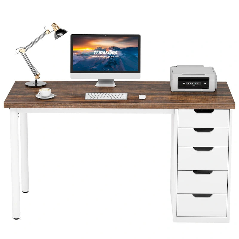 Bureau informatique de 47 pouces avec 5 tiroirs, en bois et métal, pour bureau ou salon
