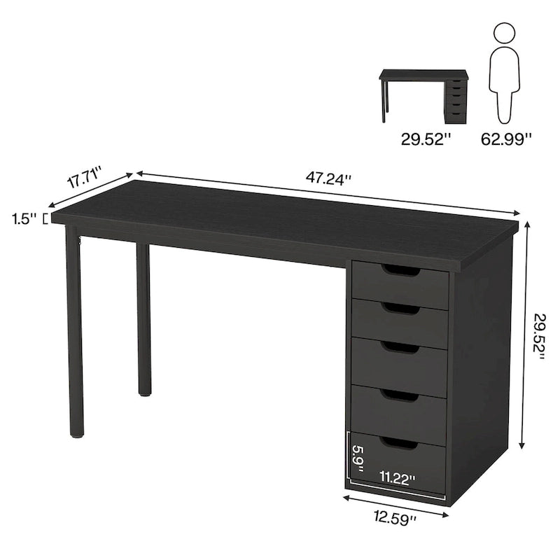 Bureau informatique de 47 pouces avec 5 tiroirs, en bois et métal, pour bureau ou salon