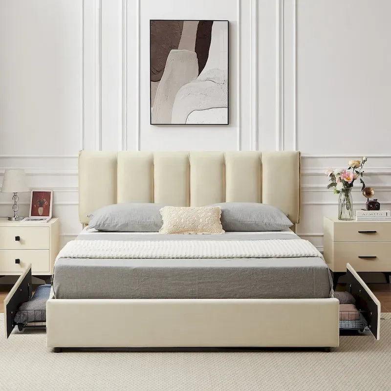 Cadre de lit avec tiroirs de rangement, Lit plateforme rembourré avec tête de lit ajustable