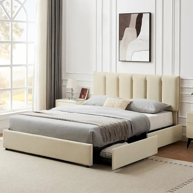 Javlergo Bed Frame with Storage Drawers, Upholstered Platform Bed Frame with Adjustable Headboard