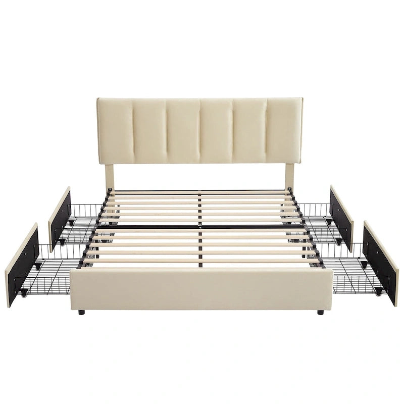 Cadre de lit avec tiroirs de rangement, Lit plateforme rembourré avec tête de lit ajustable