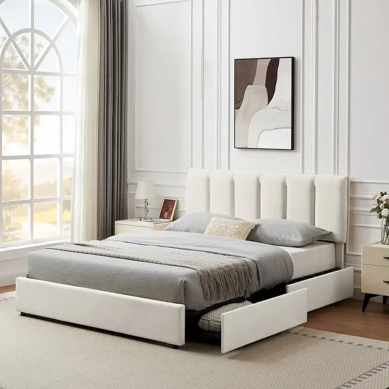 Cadre de lit avec tiroirs de rangement, Lit plateforme rembourré avec tête de lit ajustable