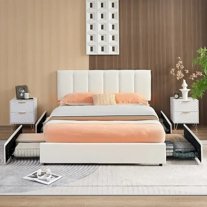 Cadre de lit avec tiroirs de rangement, Lit plateforme rembourré avec tête de lit ajustable