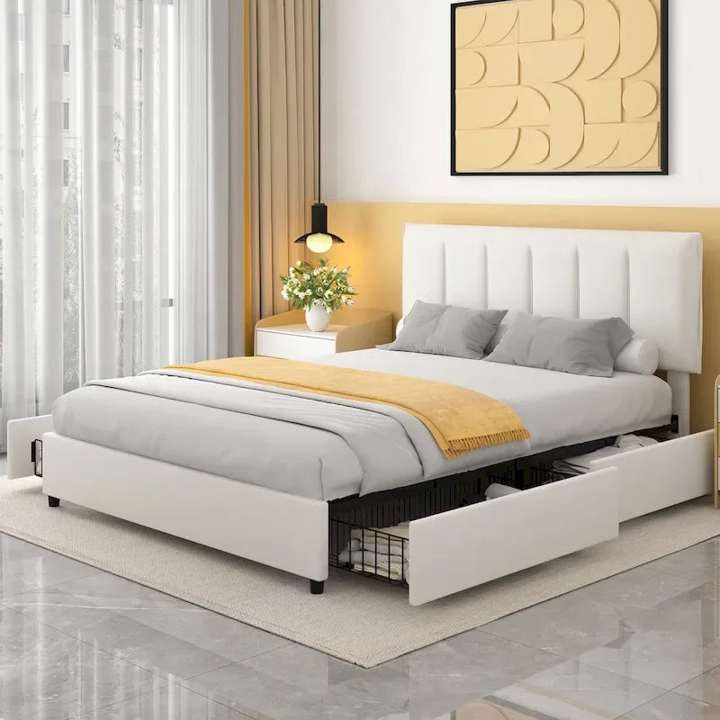 Cadre de lit avec tiroirs de rangement, Lit plateforme rembourré avec tête de lit ajustable