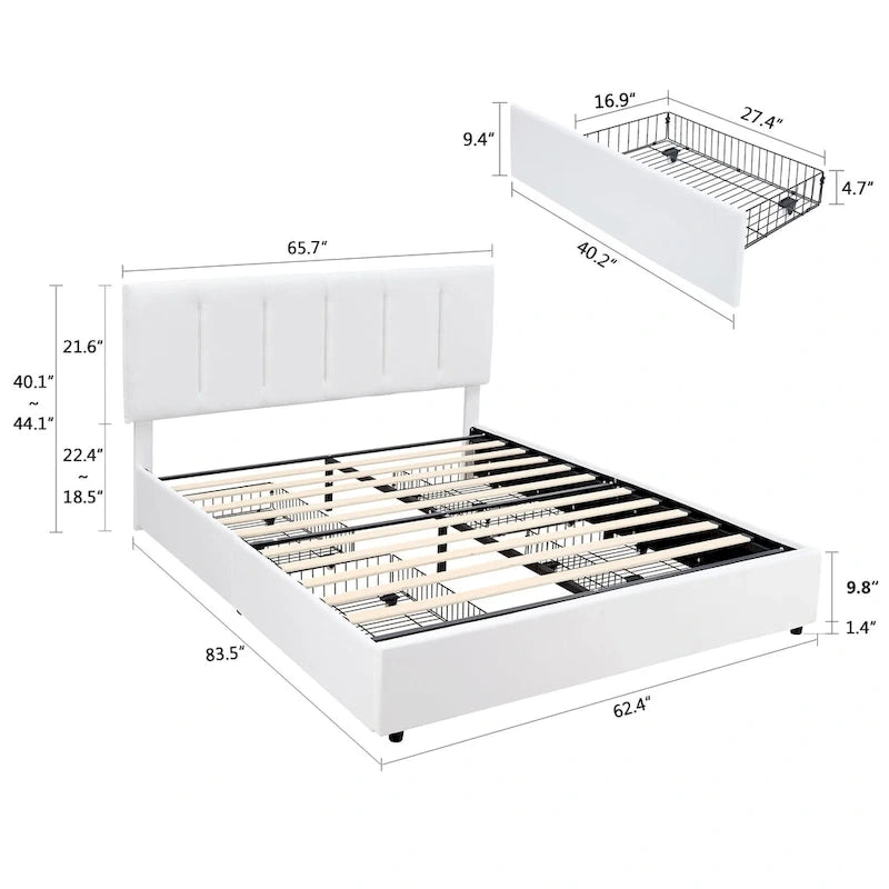 Cadre de lit avec tiroirs de rangement, Lit plateforme rembourré avec tête de lit ajustable