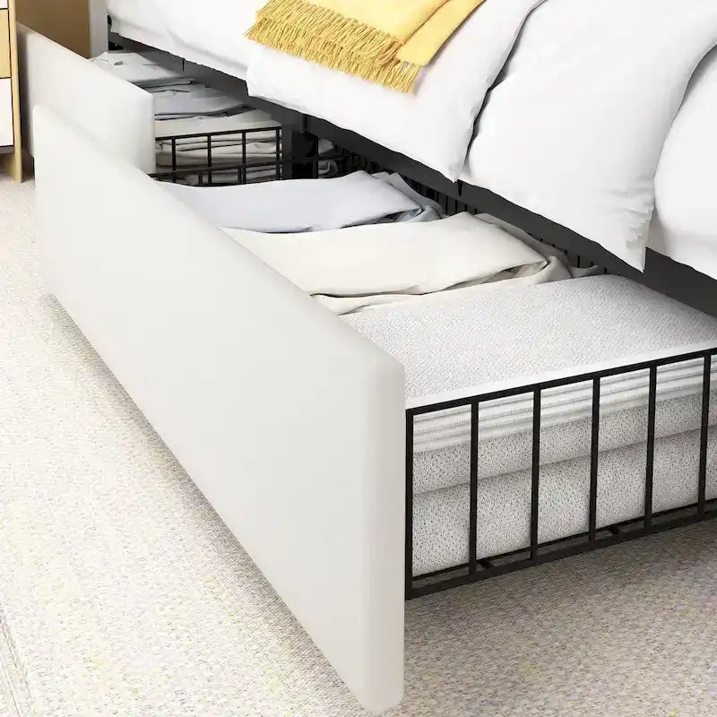 Cadre de lit avec tiroirs de rangement, Lit plateforme rembourré avec tête de lit ajustable