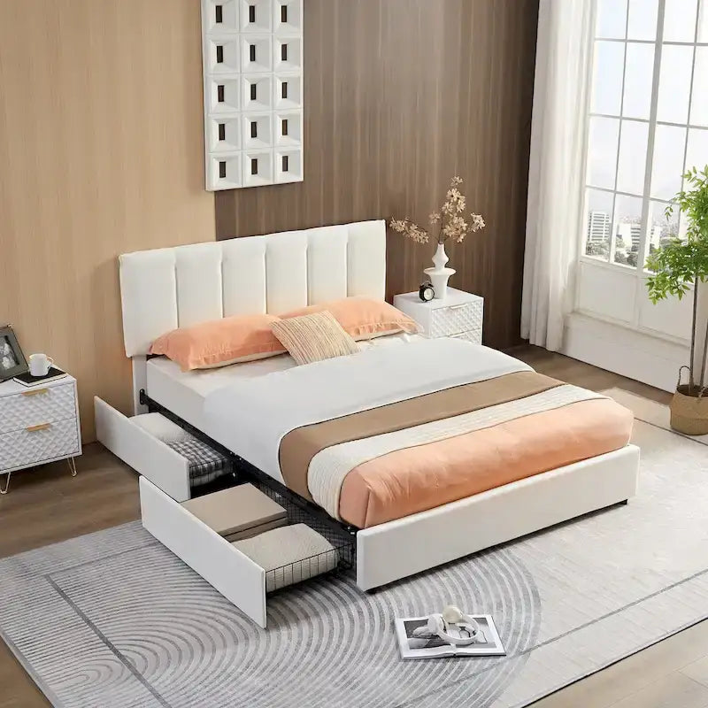 Cadre de lit avec tiroirs de rangement, Lit plateforme rembourré avec tête de lit ajustable