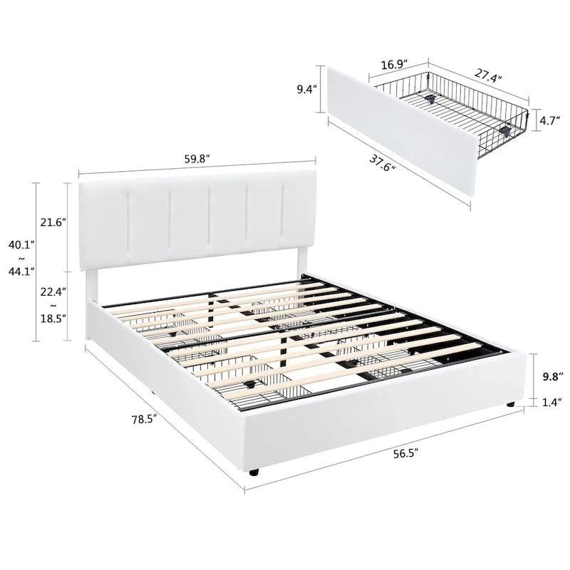 Cadre de lit avec tiroirs de rangement, Lit plateforme rembourré avec tête de lit ajustable